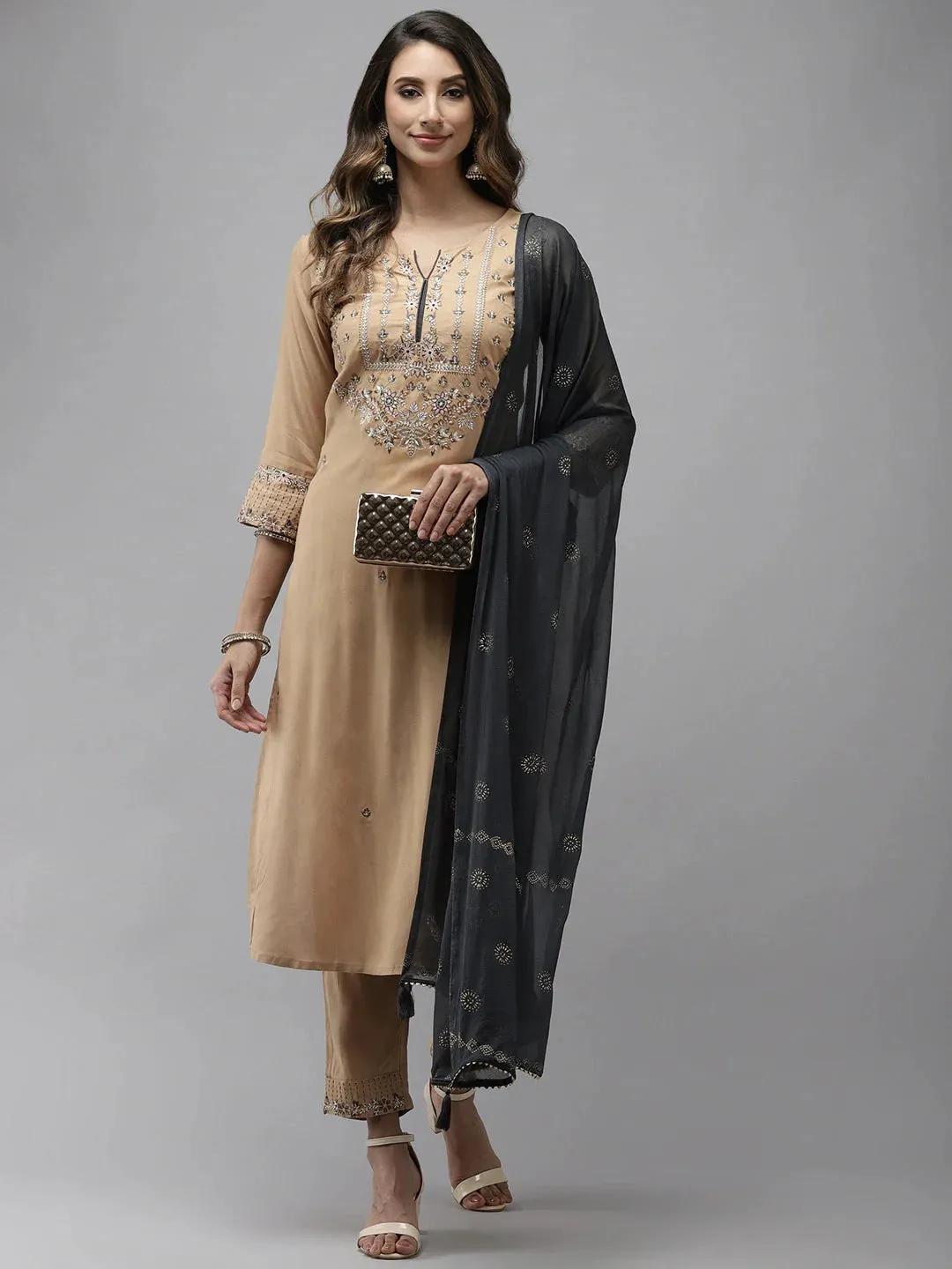 Beige Embroidered Dupatta Set