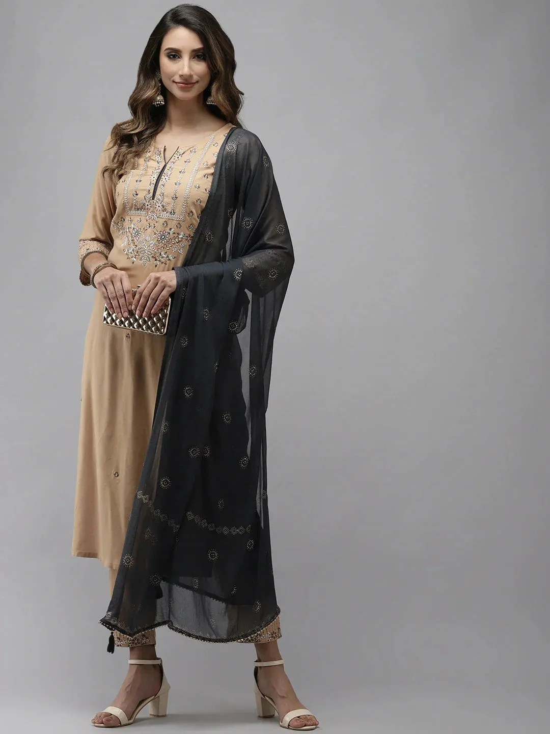 Beige Embroidered Dupatta Set