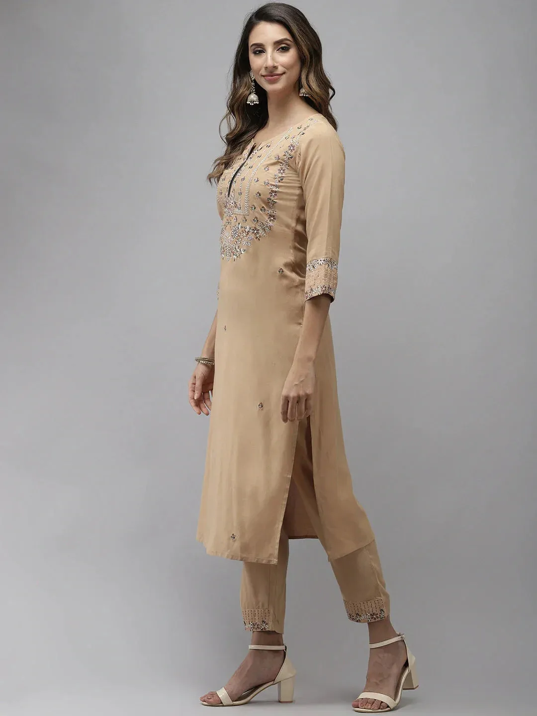 Beige Embroidered Dupatta Set