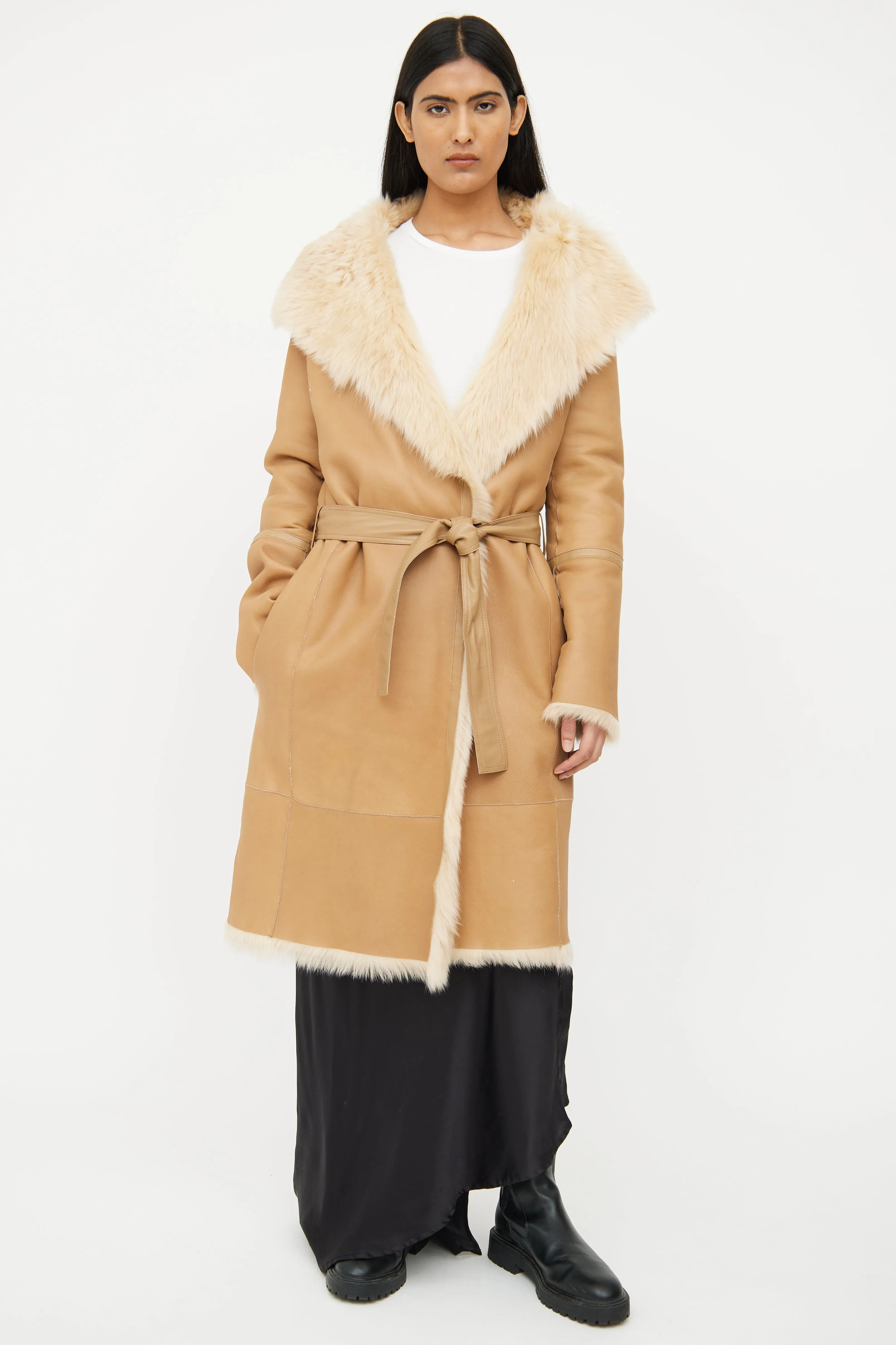 Beige Leather Fur Lined Coat