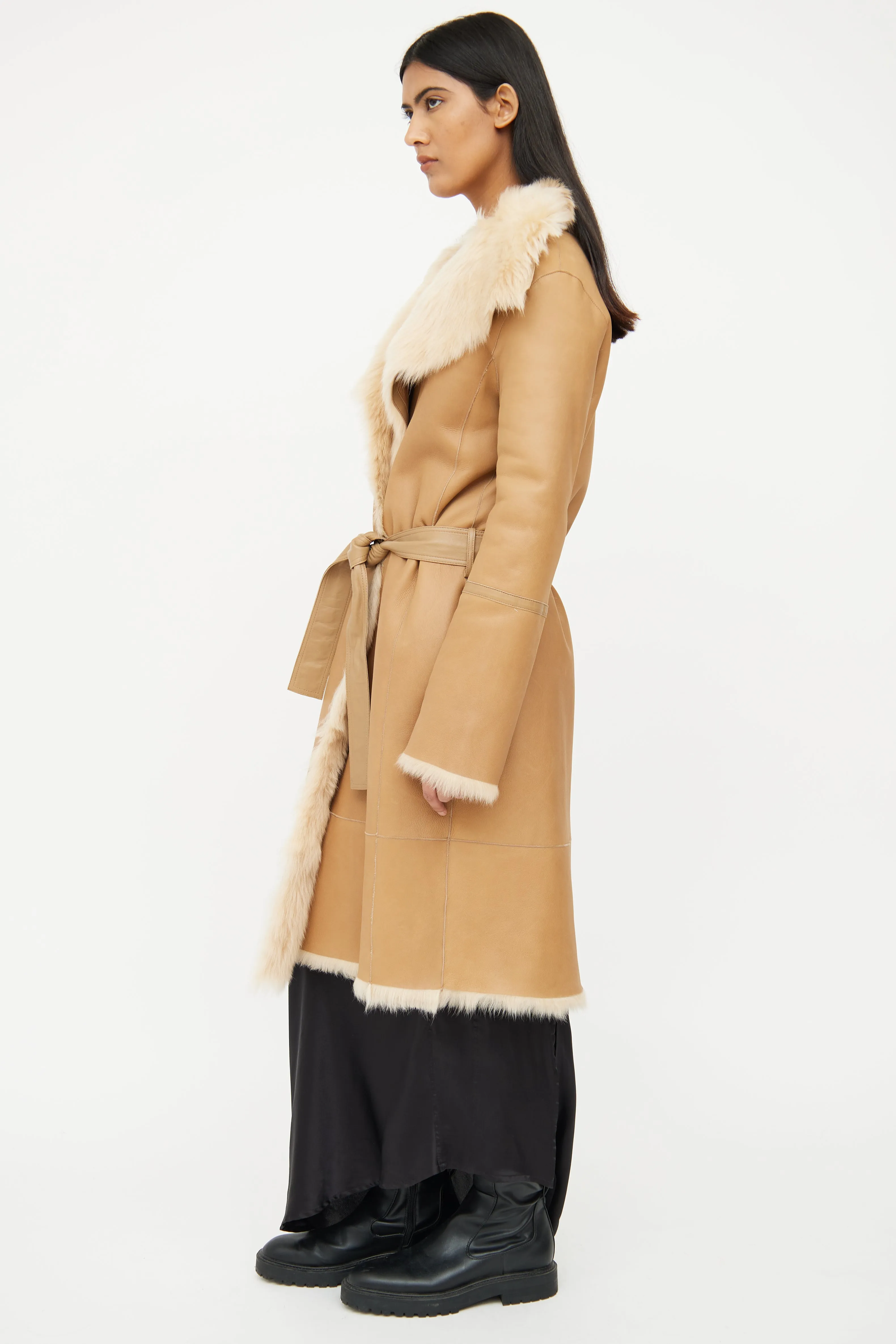 Beige Leather Fur Lined Coat