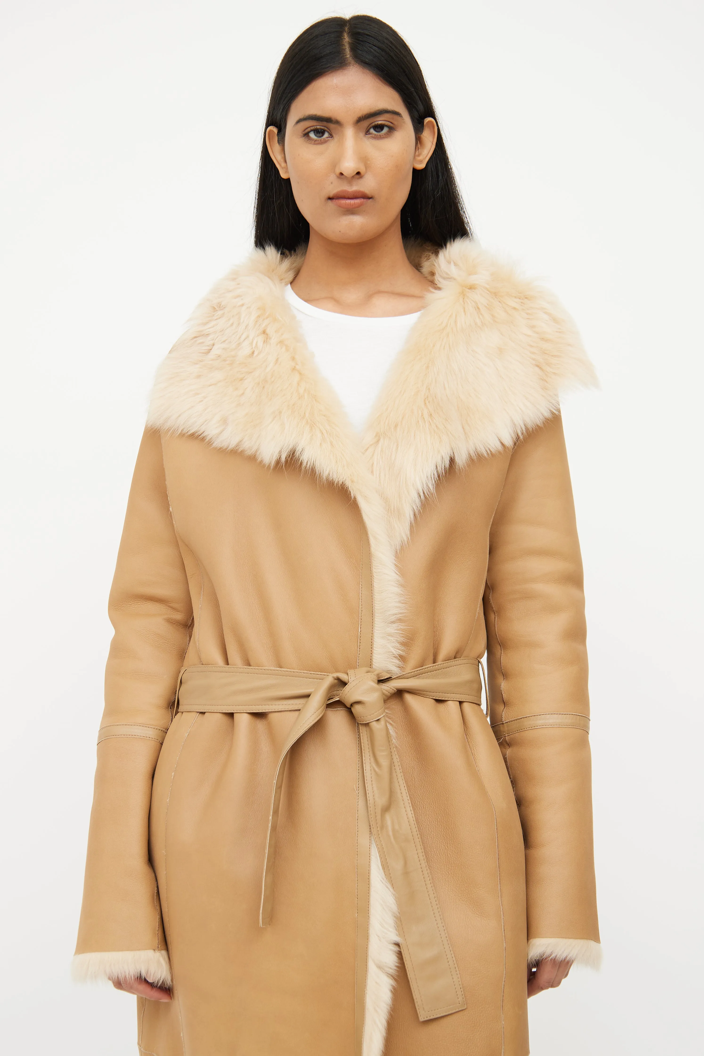 Beige Leather Fur Lined Coat