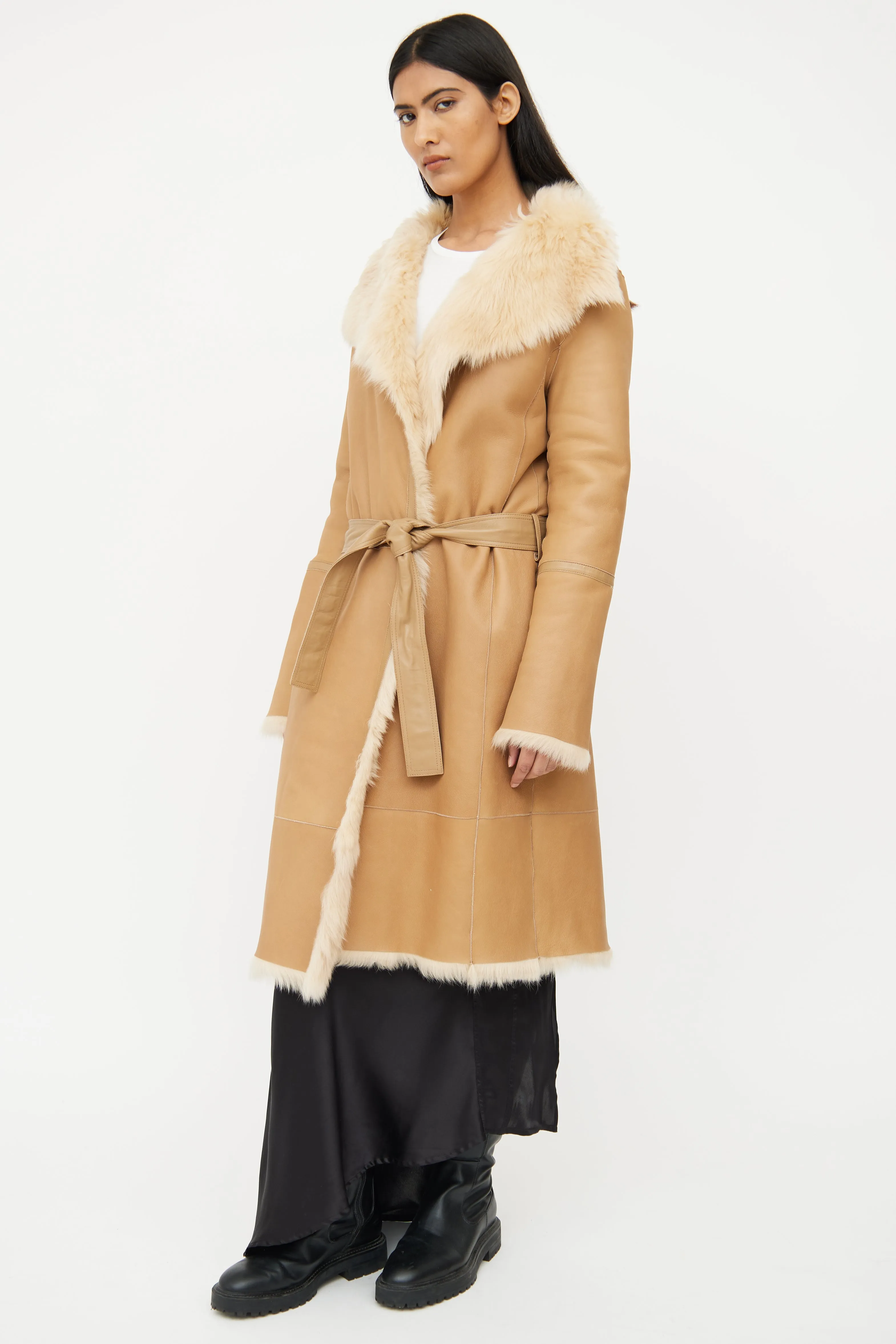 Beige Leather Fur Lined Coat