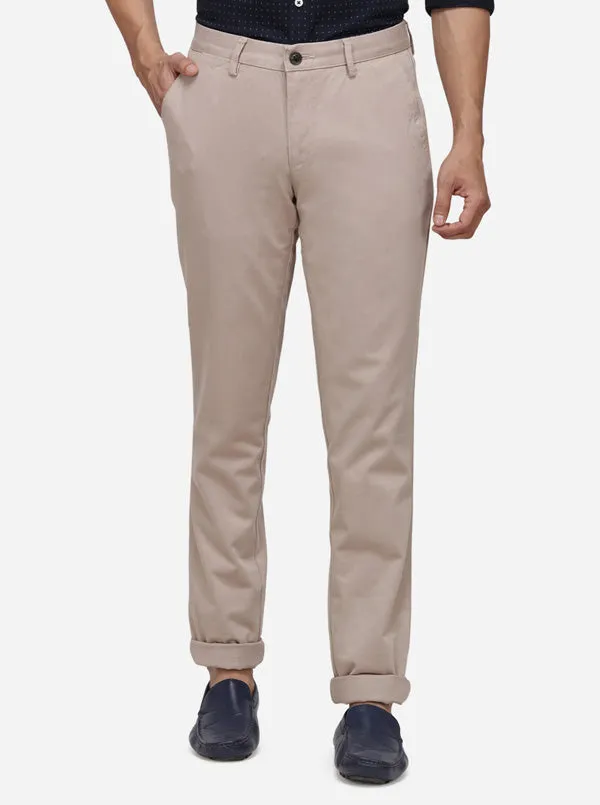 Beige Solid Slim Fit Casual Trouser | JadeBlue