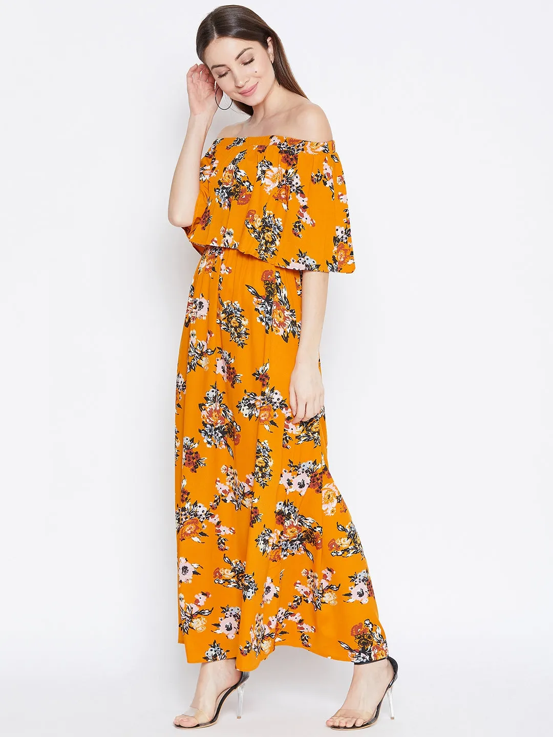 Berrylush Women Mustard Yellow Floral Printed Off-Shoulder Neck Layered Maxi Dress