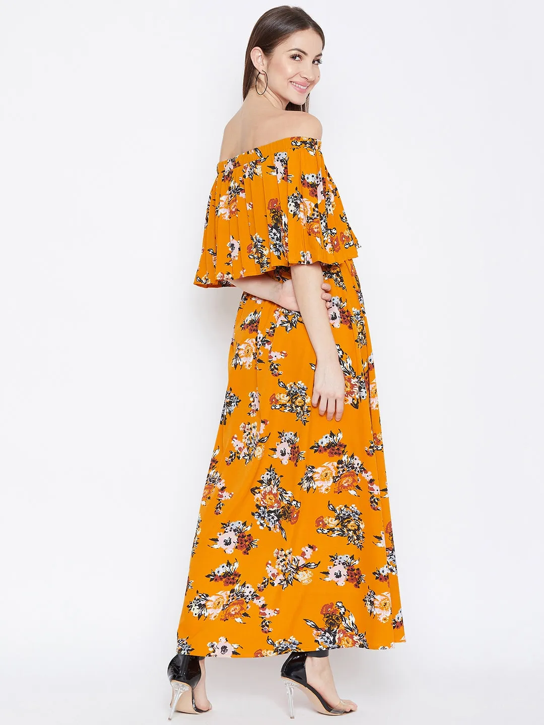 Berrylush Women Mustard Yellow Floral Printed Off-Shoulder Neck Layered Maxi Dress