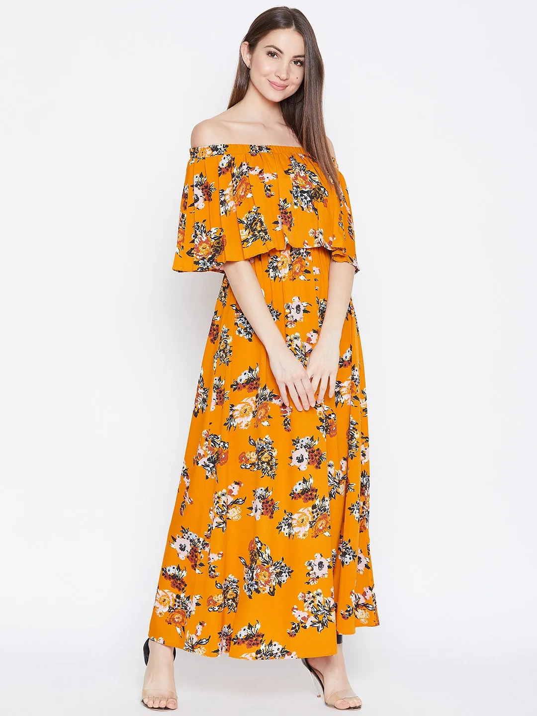 Berrylush Women Mustard Yellow Floral Printed Off-Shoulder Neck Layered Maxi Dress