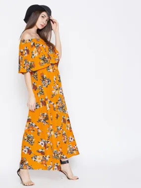 Berrylush Women Mustard Yellow Floral Printed Off-Shoulder Neck Layered Maxi Dress