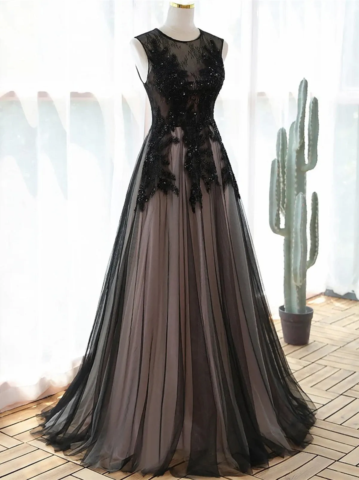 Black and Pink Tulle with Lace Long Formal Dress, A-line Beaded Prom Dress