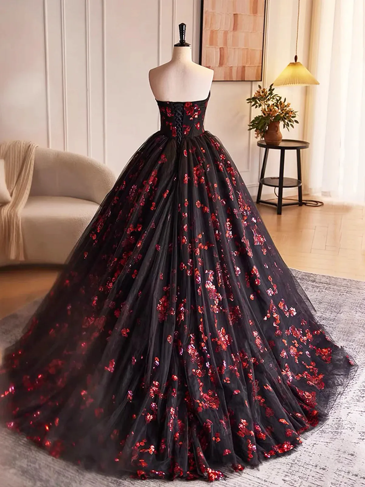 Black and Red Tulle Floral Sweet 16 Dress, Black and Red Party Dress Prom Dress