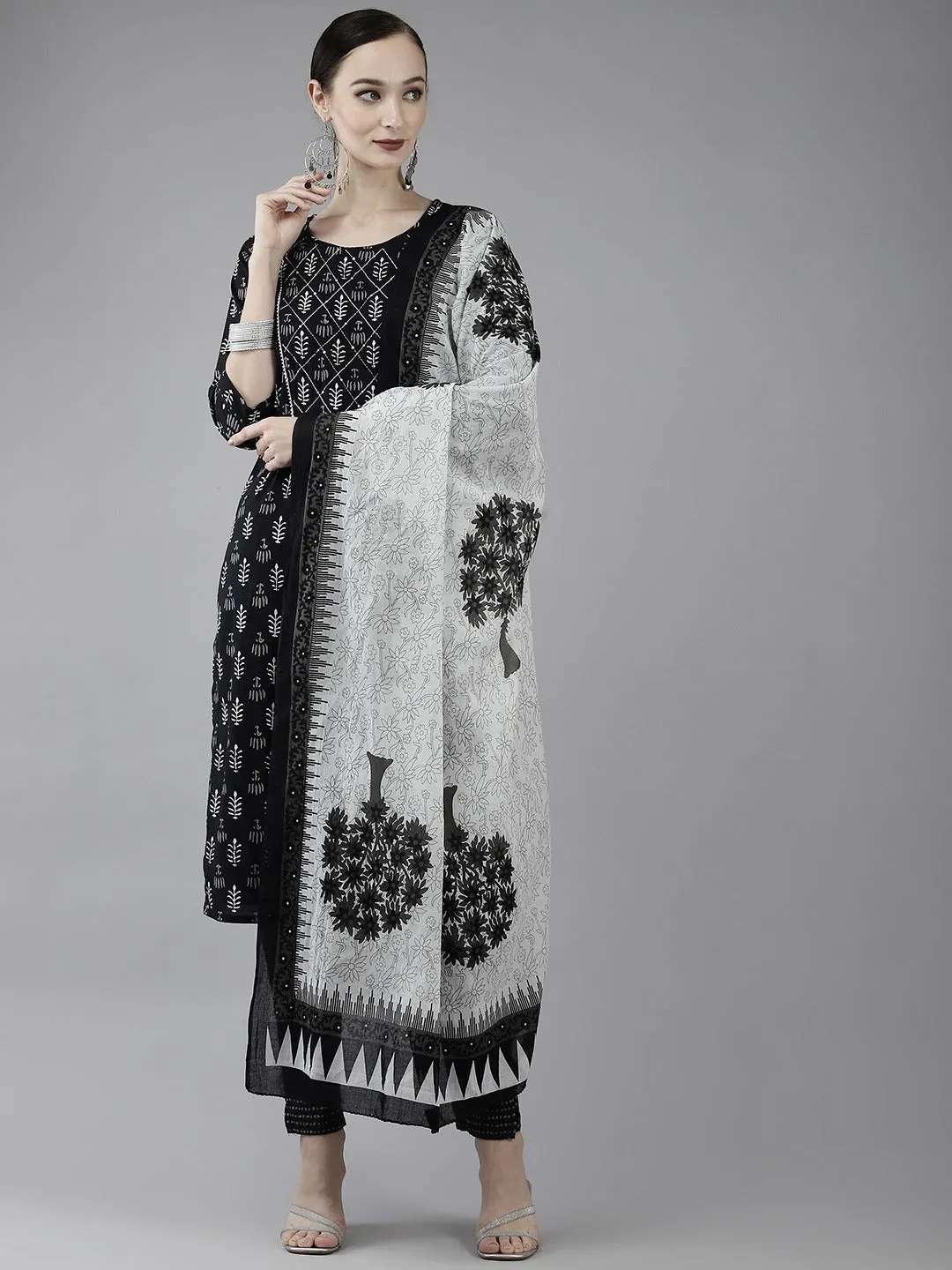 Black Ethnic Printed Cotton Dupatta Set