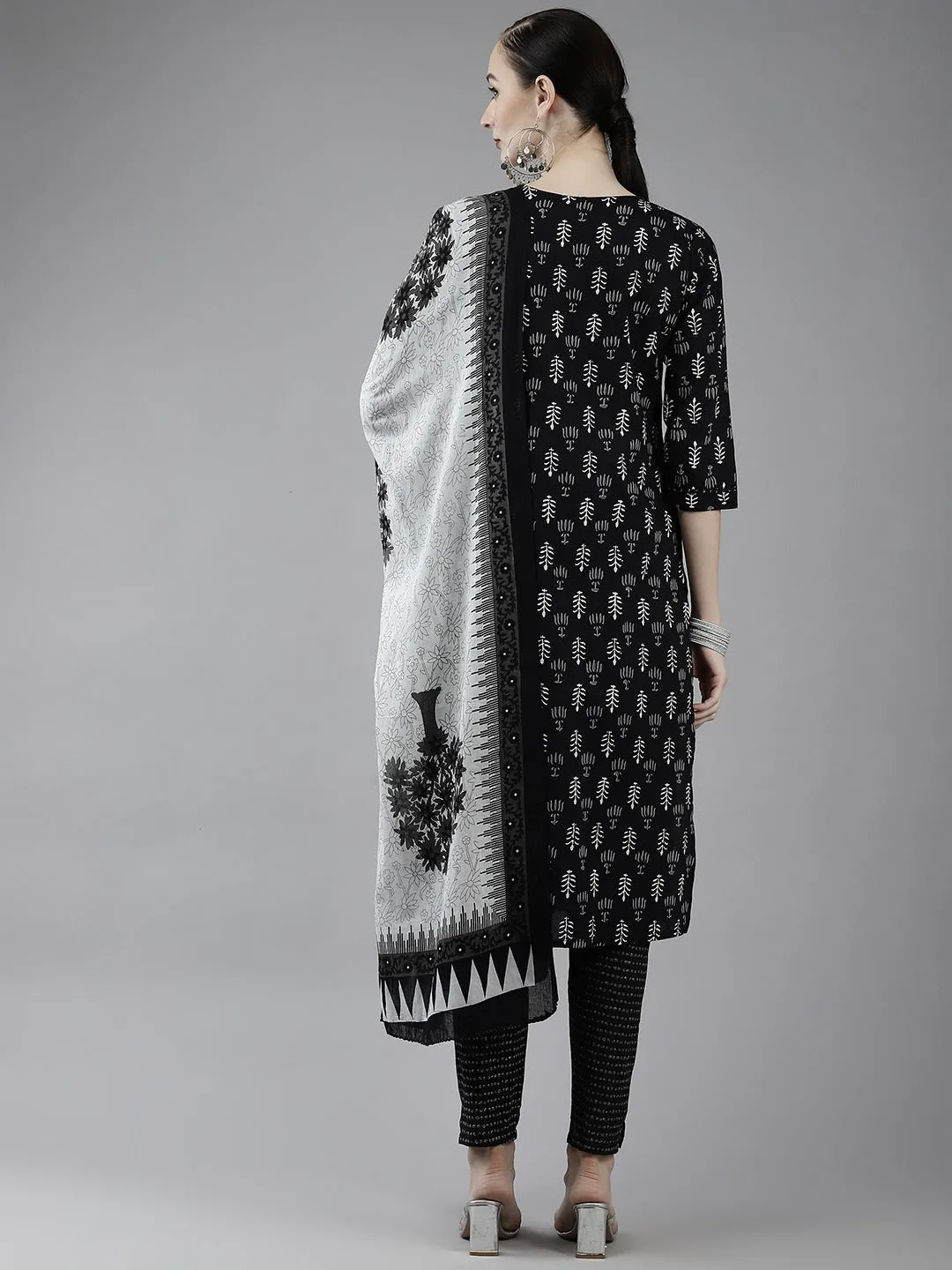 Black Ethnic Printed Cotton Dupatta Set