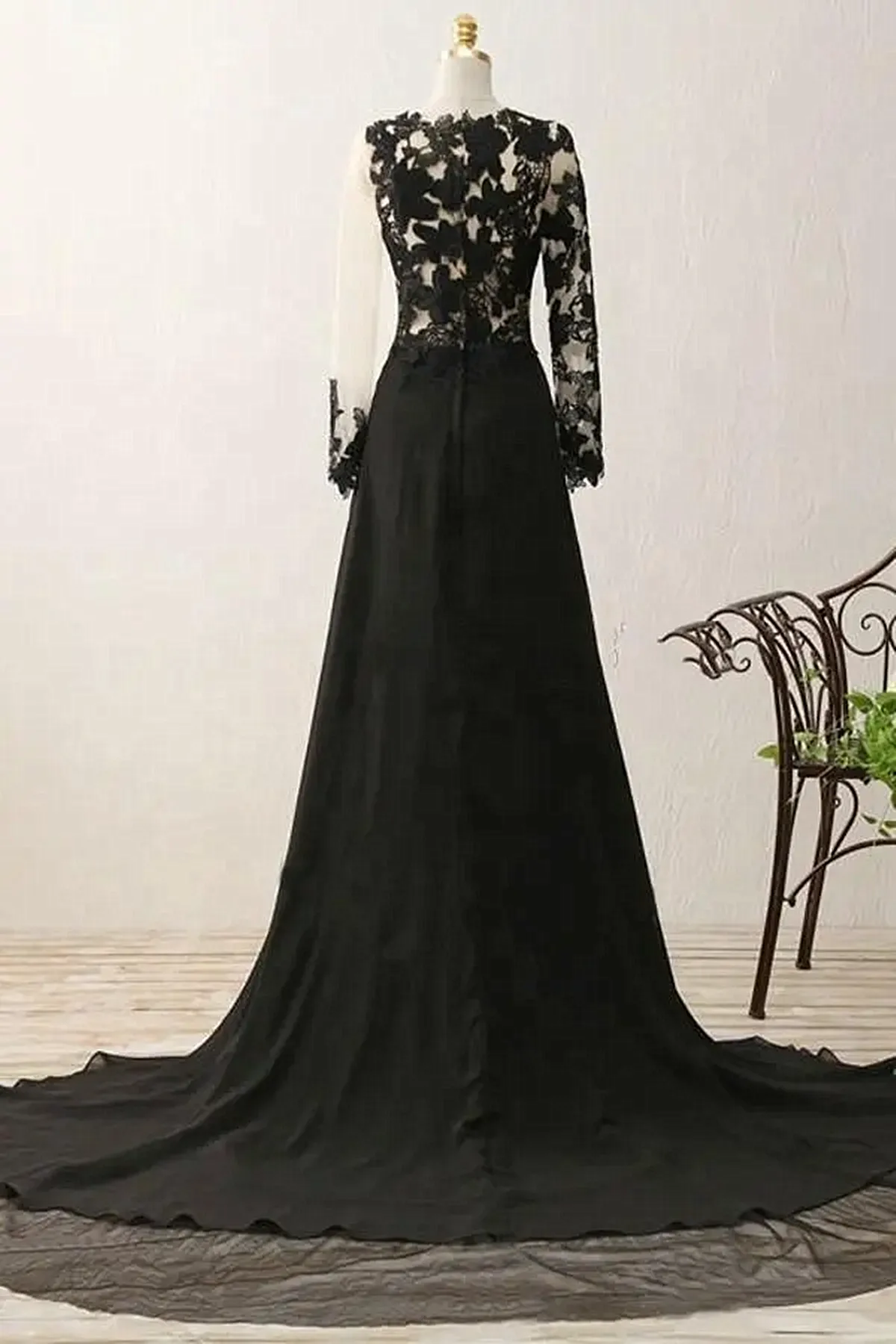 Black Long Sleeves Chiffon with Lace Evening Dress, Black A-line Party Dress with Leg Slit