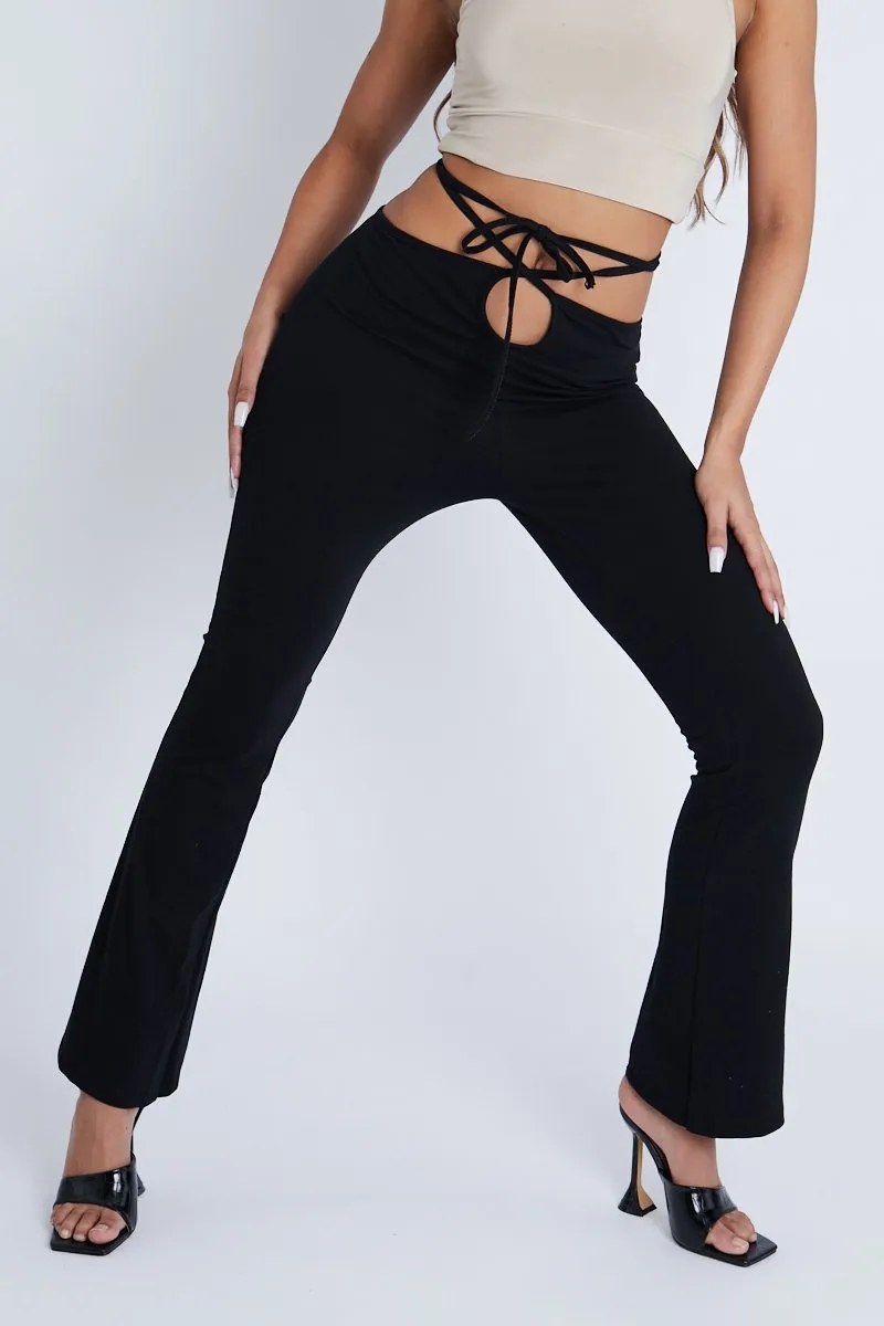 Black Loop Tie Waist Flare Trousers - Audry