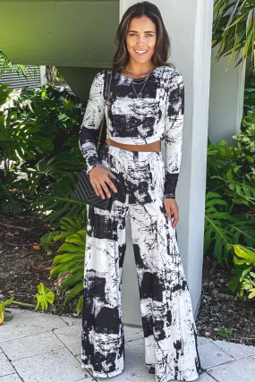 Black Printed Long Sleeve Top and Pants Set