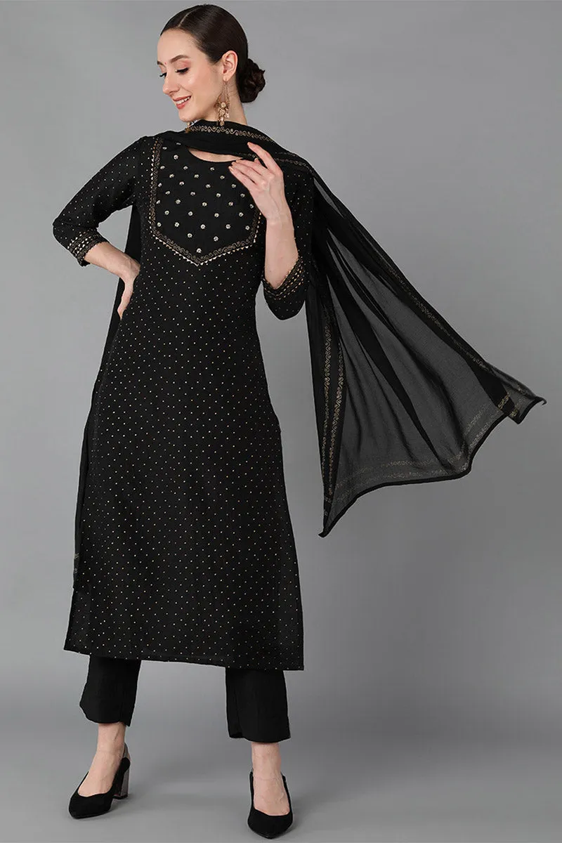 Black Silk Blend Yoke Design Kurta Trousers With Dupatta