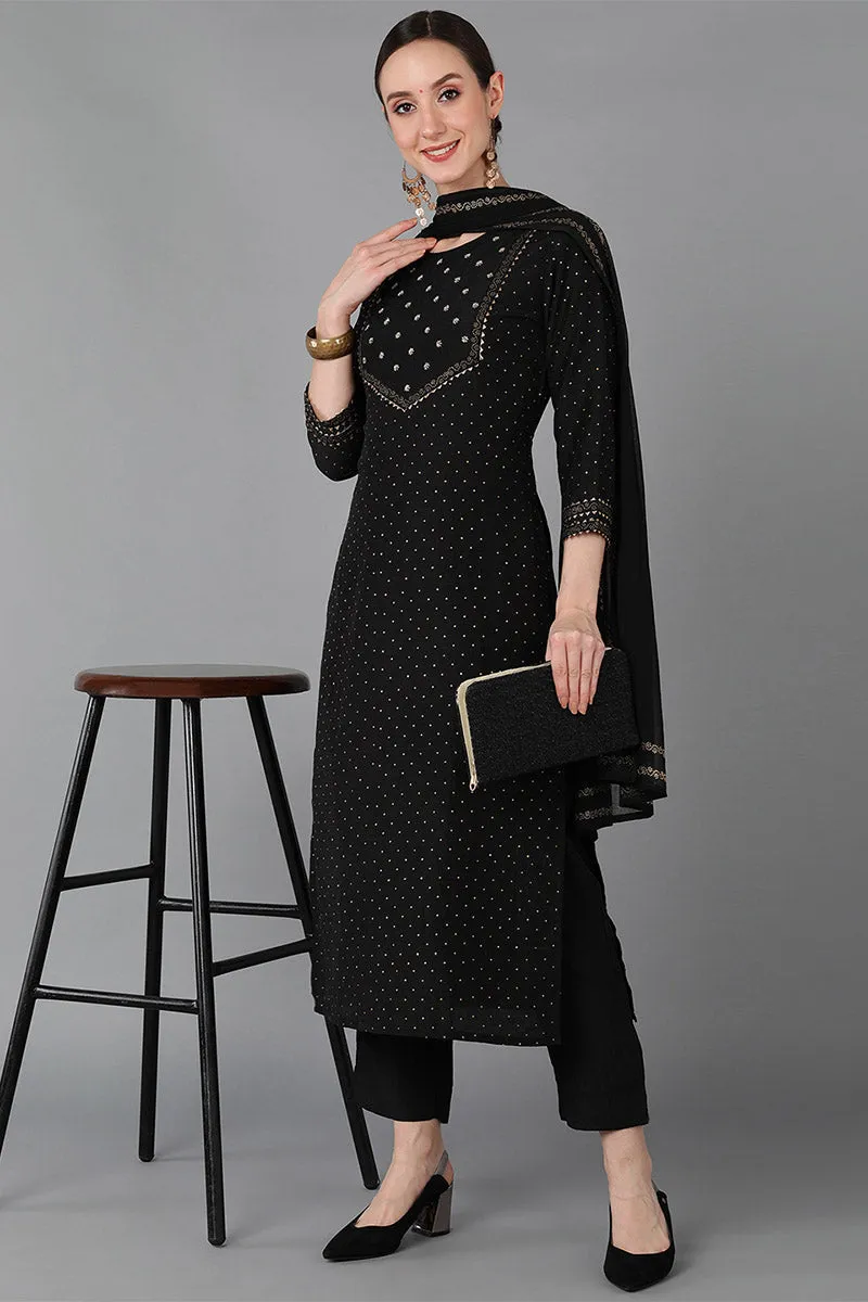 Black Silk Blend Yoke Design Kurta Trousers With Dupatta