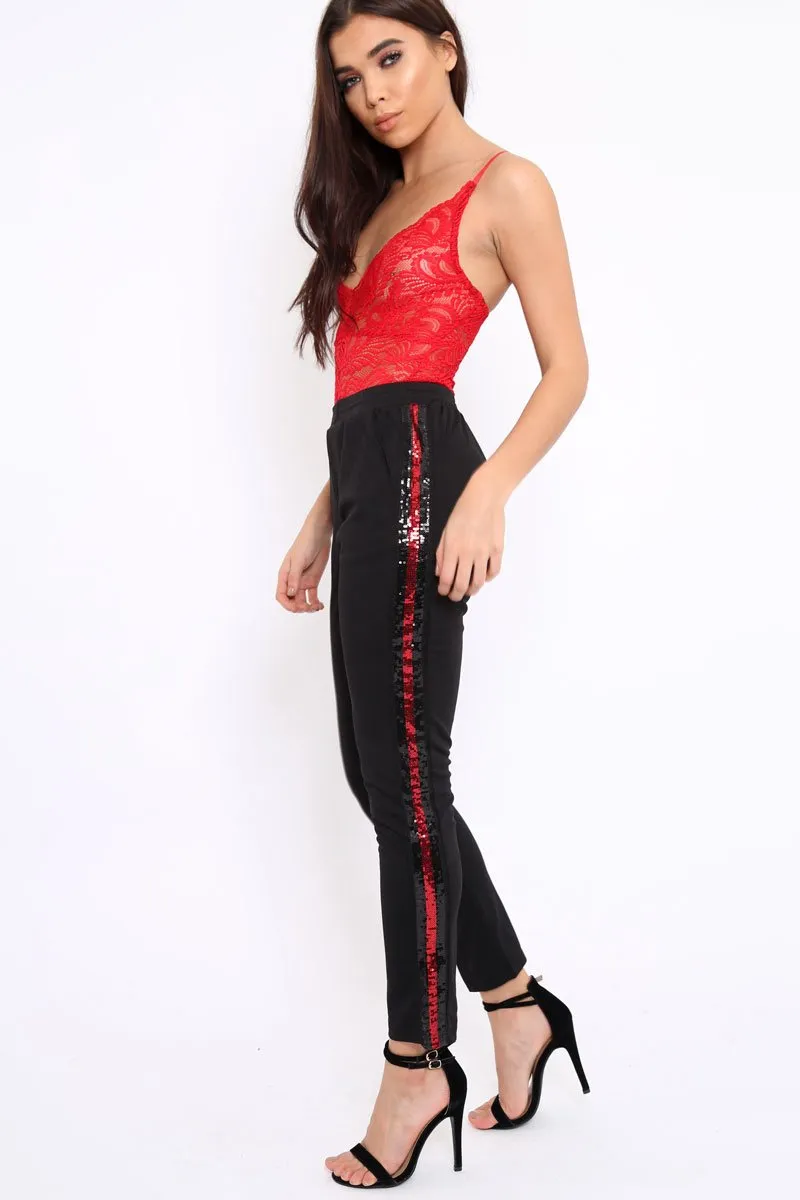 Black Tapered Trousers with Red and Black Sequin Side Stripes - Halli