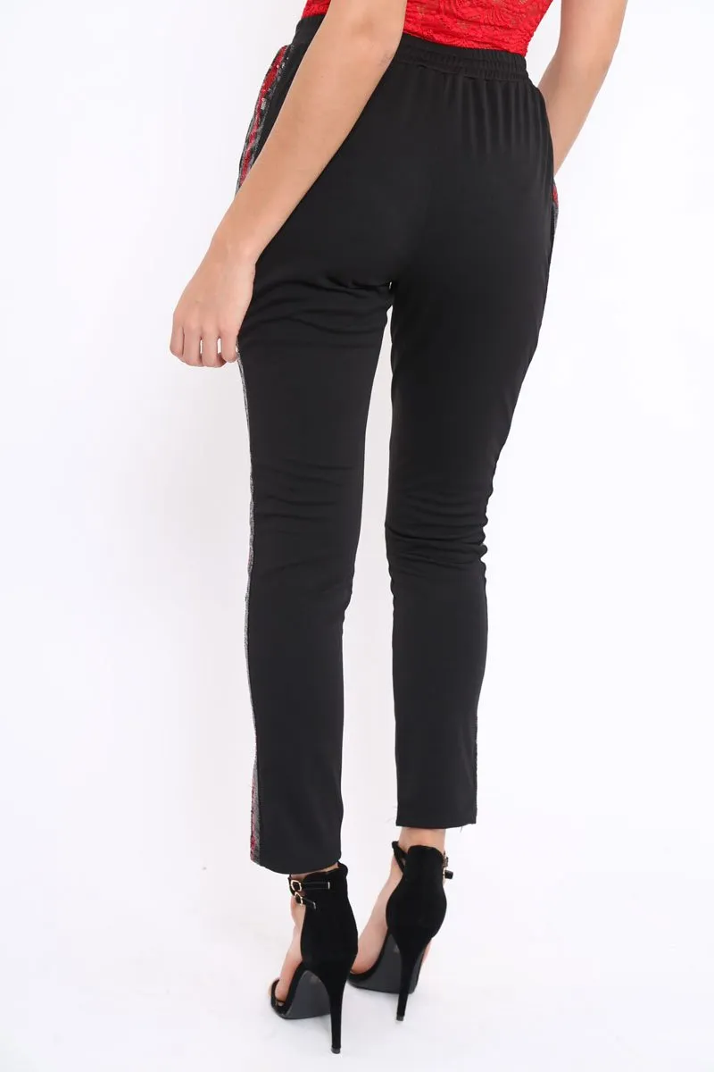 Black Tapered Trousers with Red and Black Sequin Side Stripes - Halli