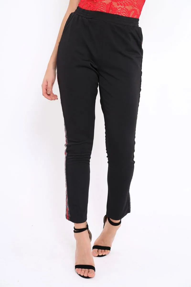 Black Tapered Trousers with Red and Black Sequin Side Stripes - Halli