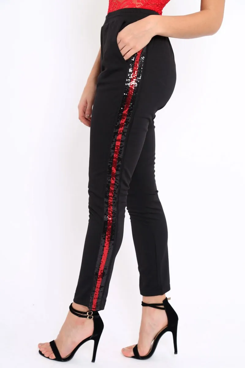 Black Tapered Trousers with Red and Black Sequin Side Stripes - Halli