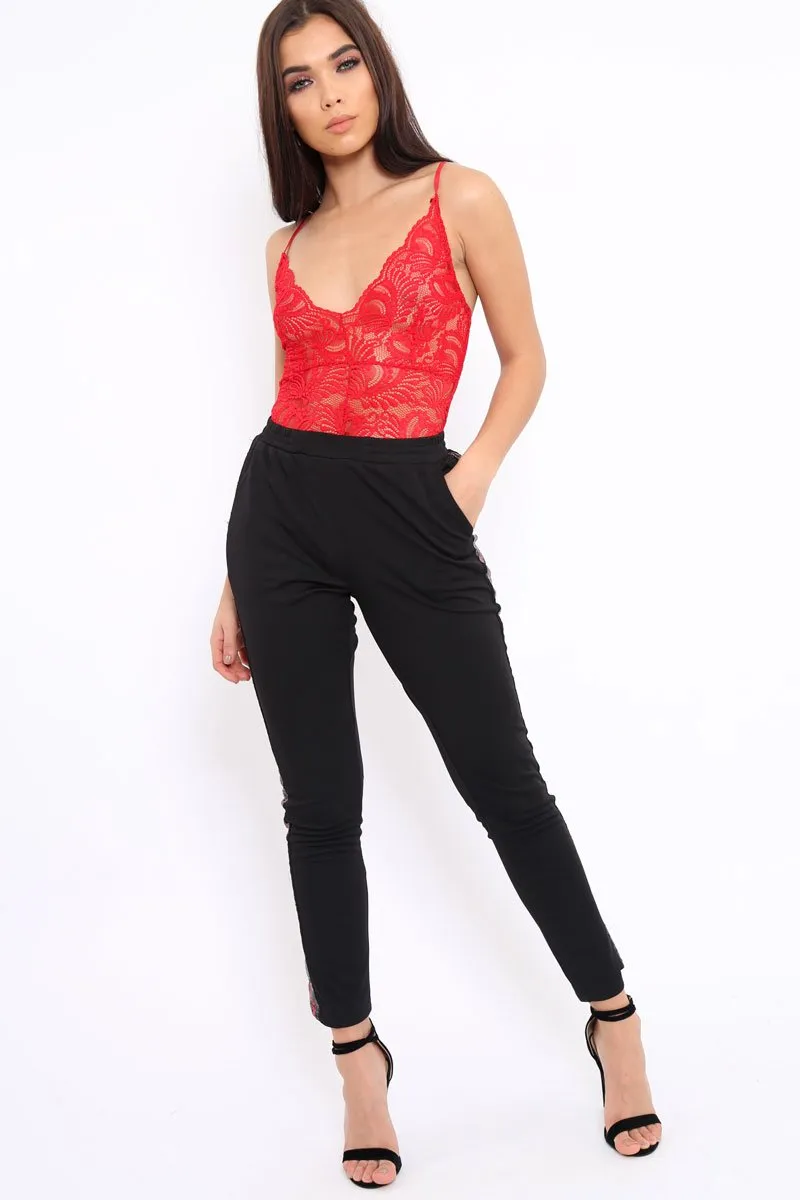 Black Tapered Trousers with Red and Black Sequin Side Stripes - Halli