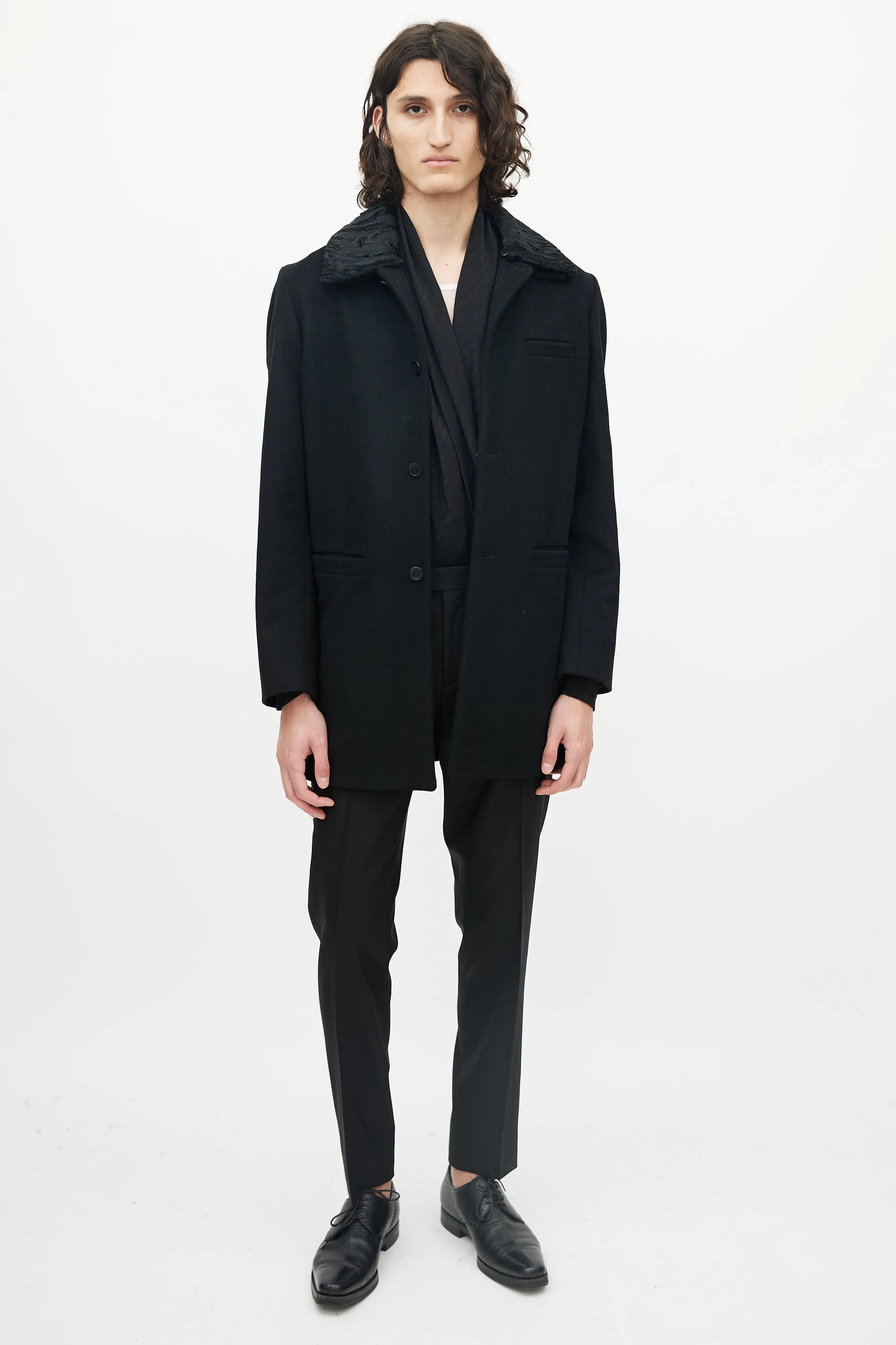 Black Wool Three Pocket Detachable Collar Coat