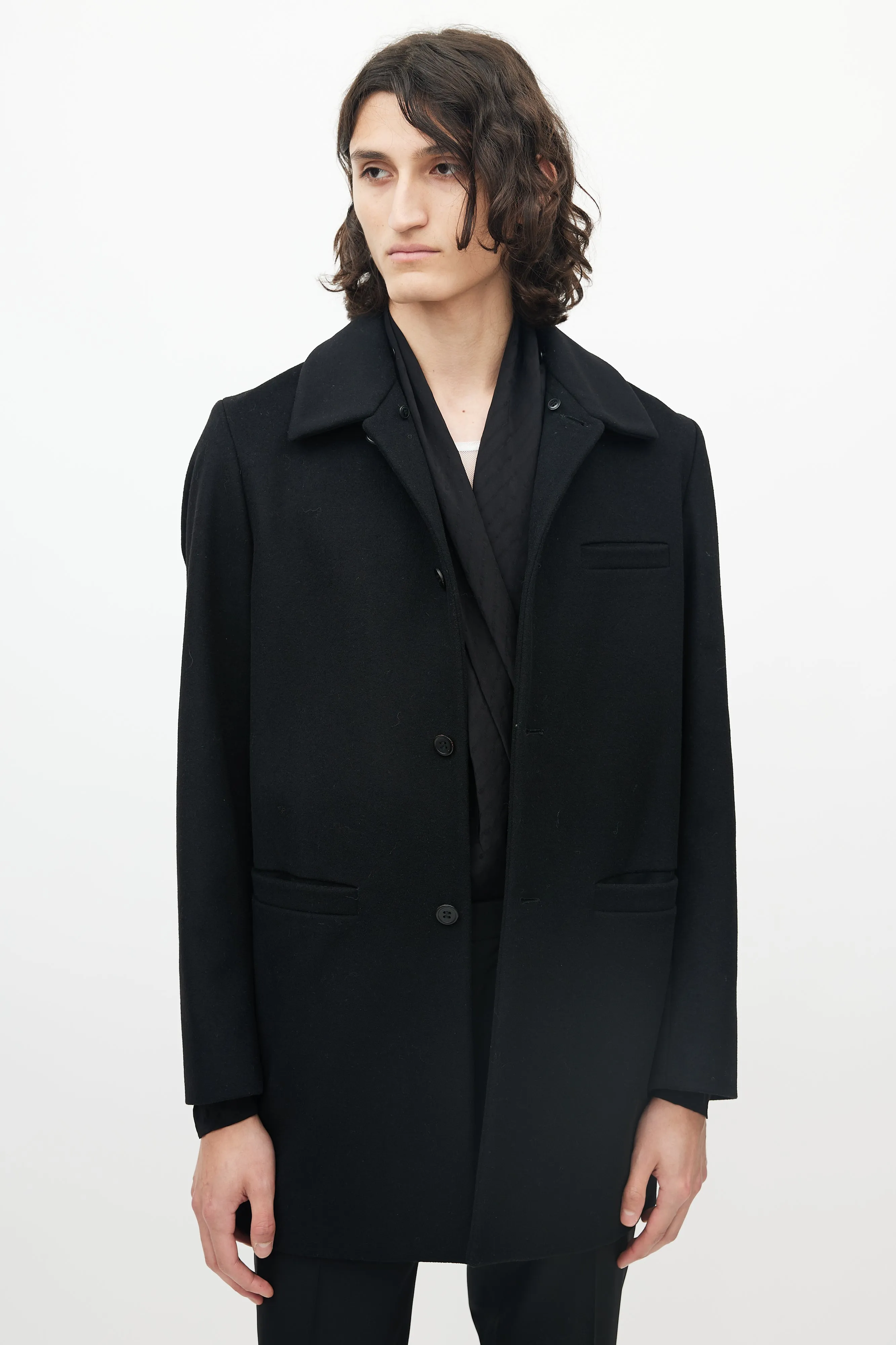 Black Wool Three Pocket Detachable Collar Coat