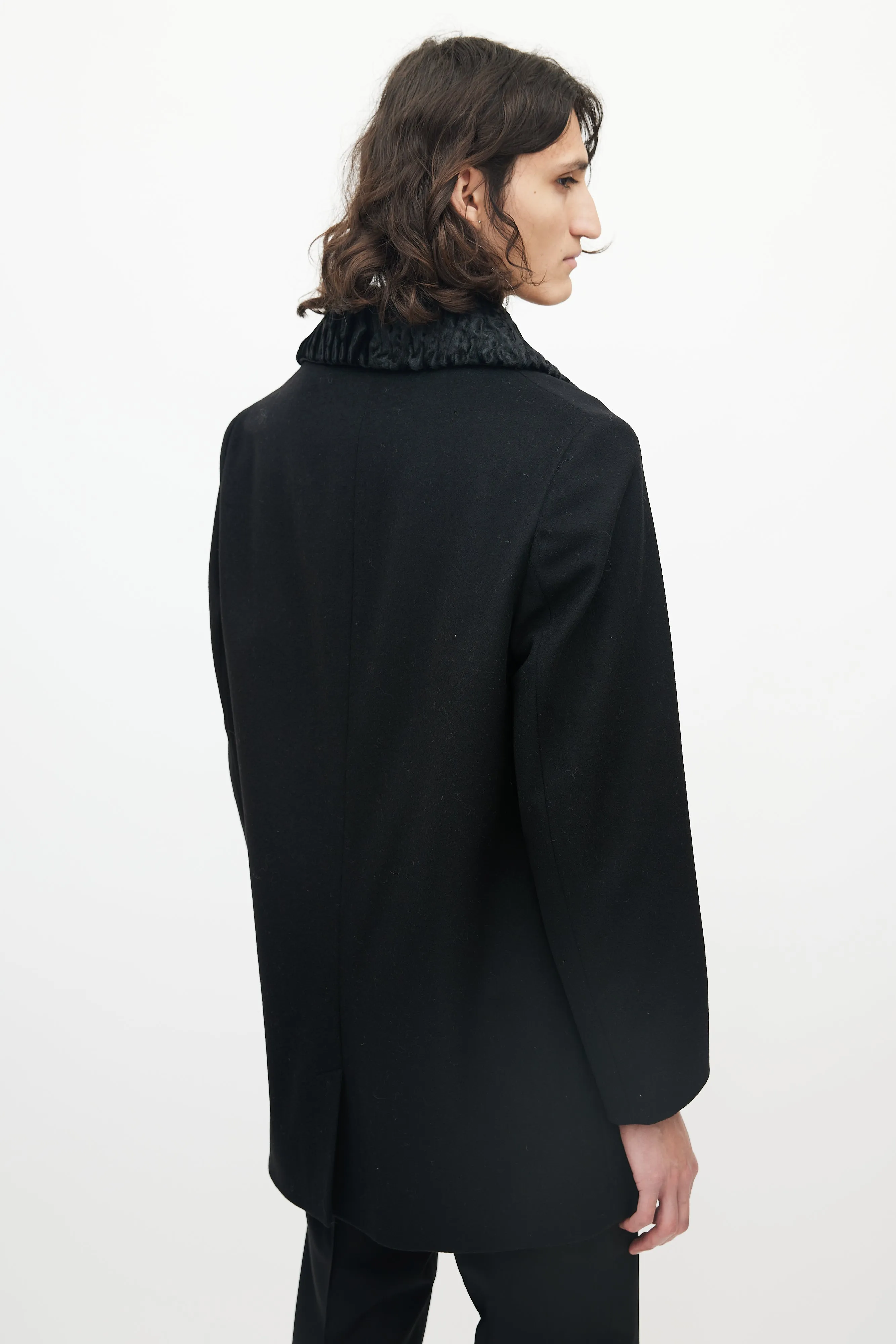 Black Wool Three Pocket Detachable Collar Coat