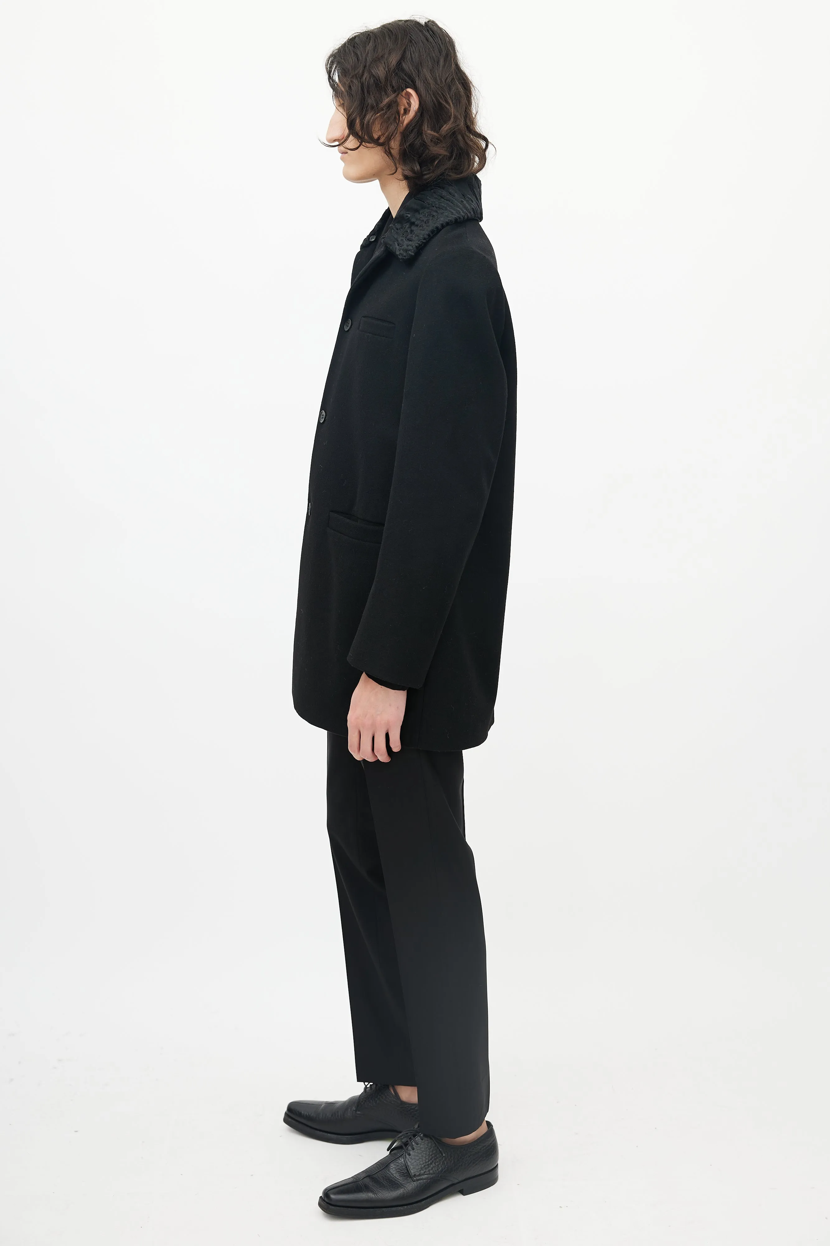 Black Wool Three Pocket Detachable Collar Coat