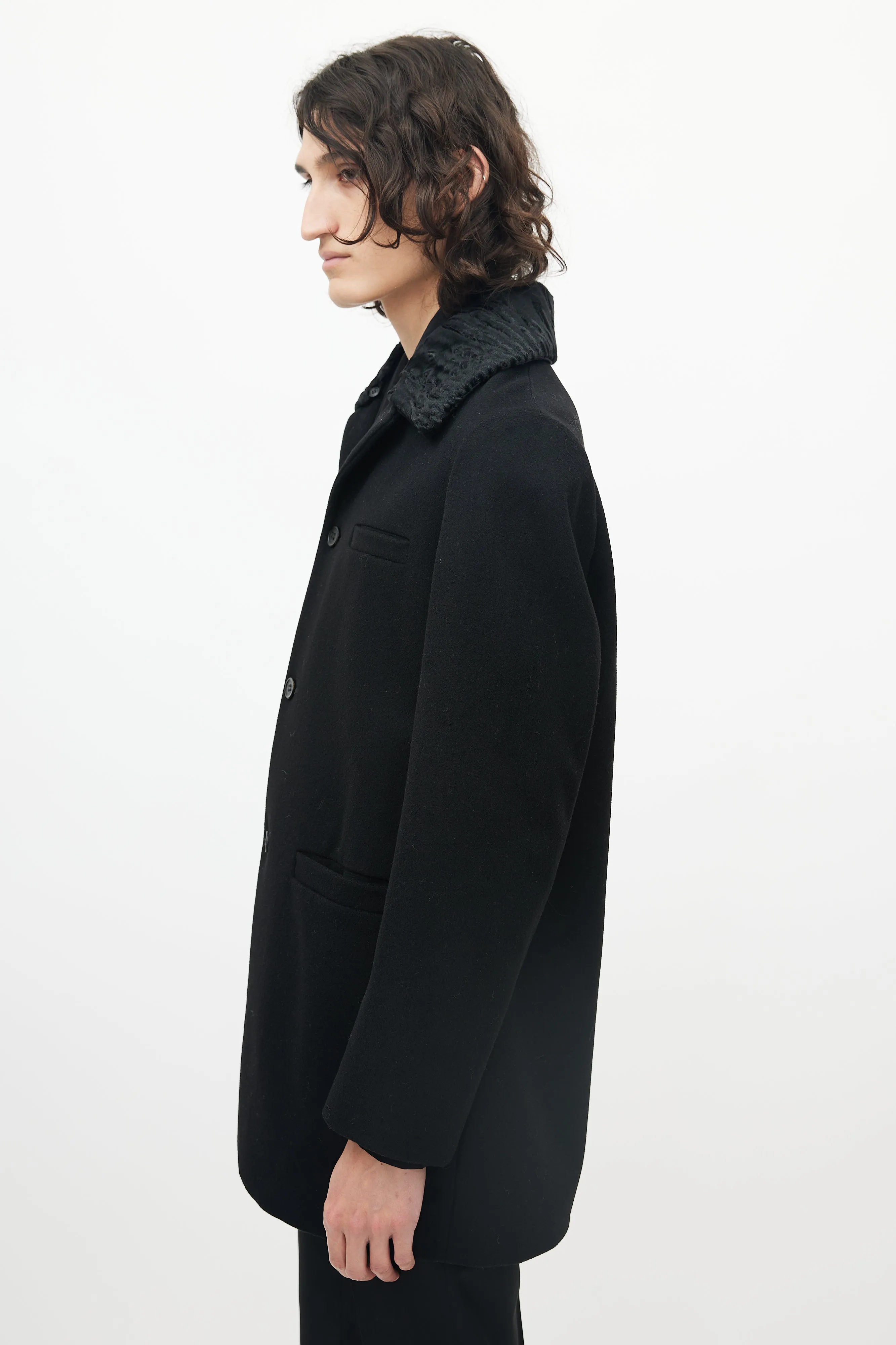 Black Wool Three Pocket Detachable Collar Coat