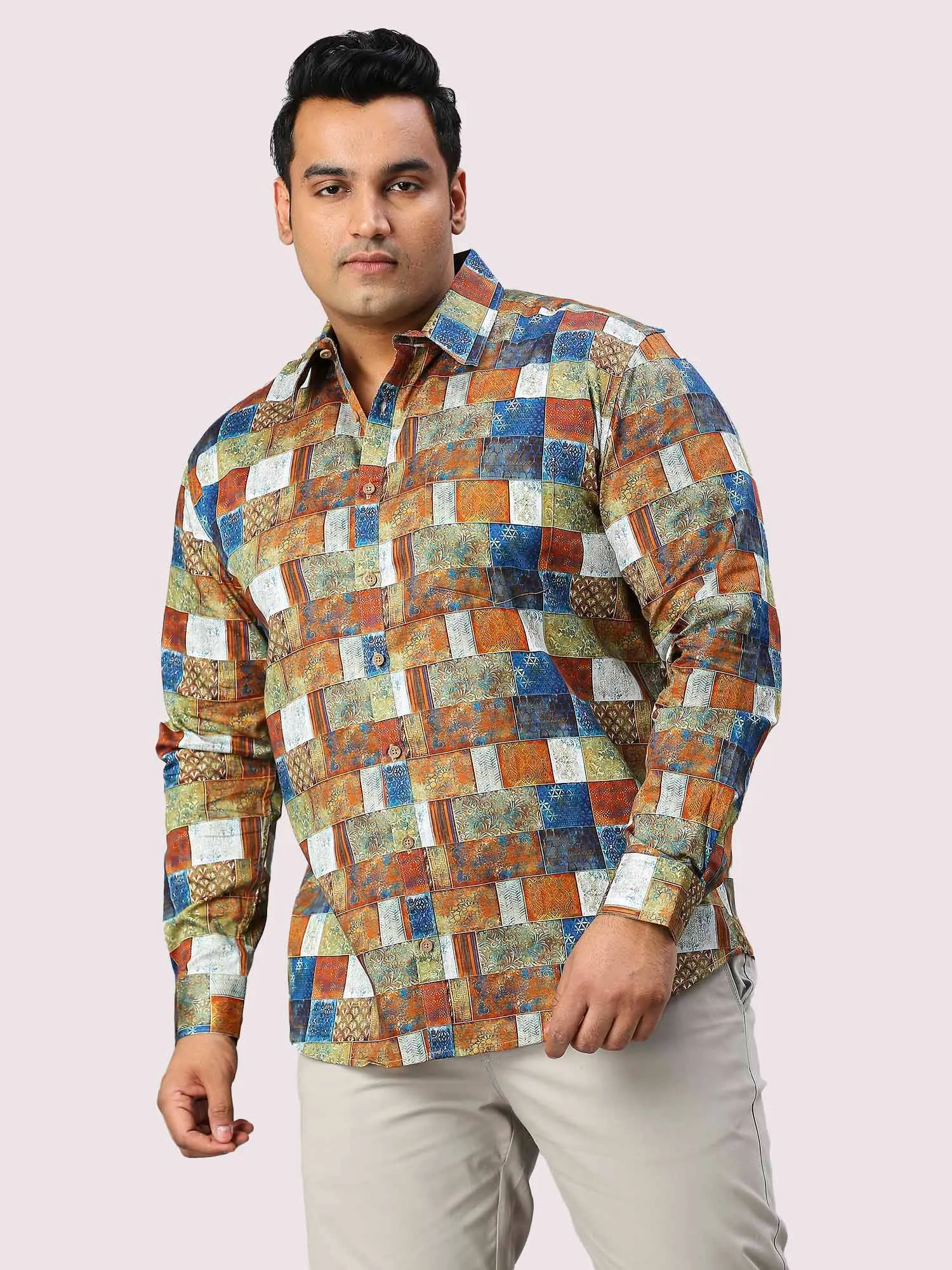 Blocks Digital Printed Full Sleeve Shirt Men's Plus Size