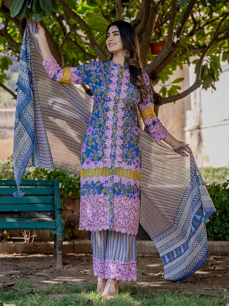 Blue And Fuchsia Floral Print Pakistani Style Kurta Trouser And Dupatta Set