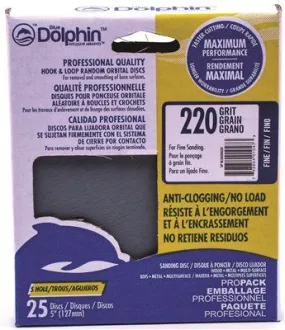 Blue Dolphin Anti-Clogging/No Load Series 5 Inch  5-Hole Hook & Loop Discs 220 Grit 5 Pack