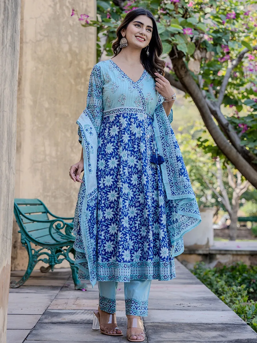 Blue Ethnic Motifs Anarkali Kurta Trouser And Dupatta Set