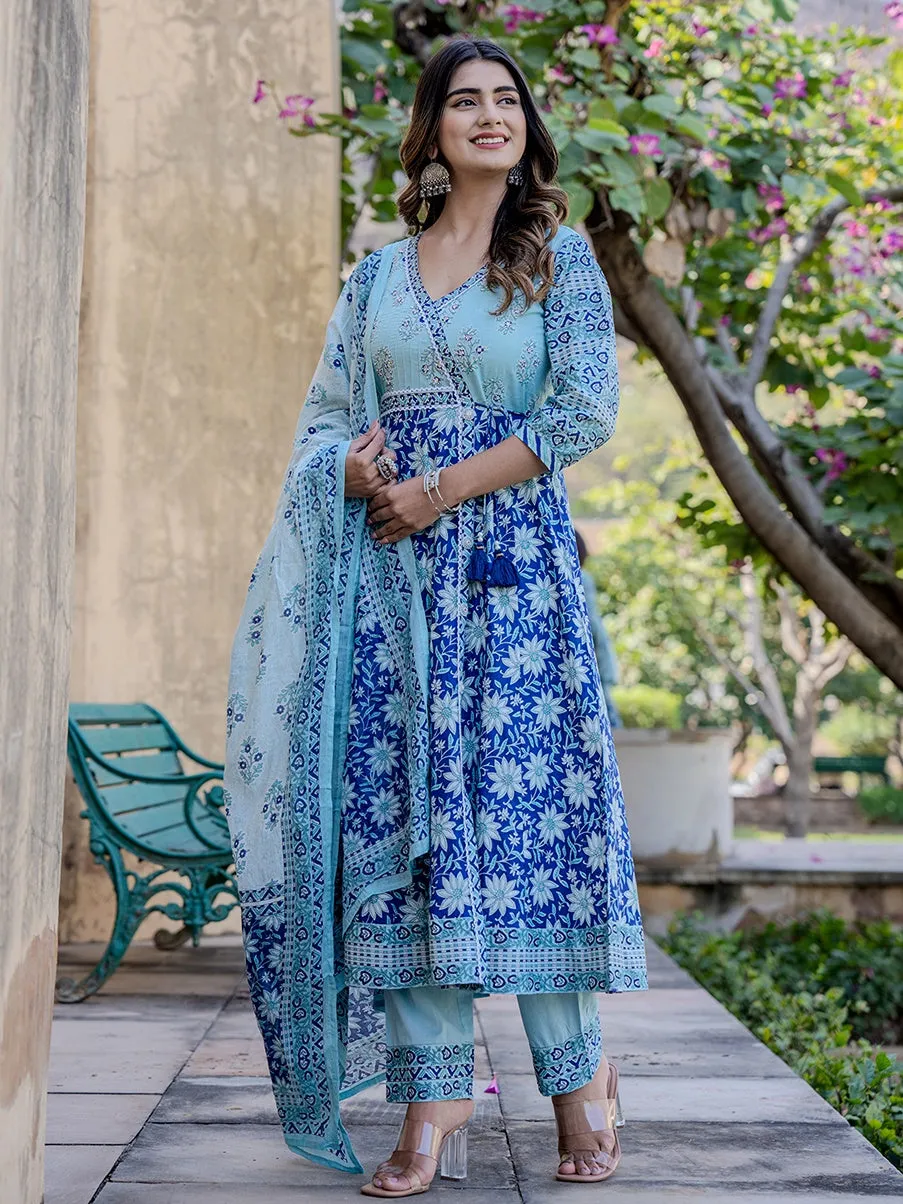 Blue Ethnic Motifs Anarkali Kurta Trouser And Dupatta Set