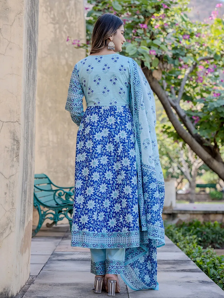 Blue Ethnic Motifs Anarkali Kurta Trouser And Dupatta Set