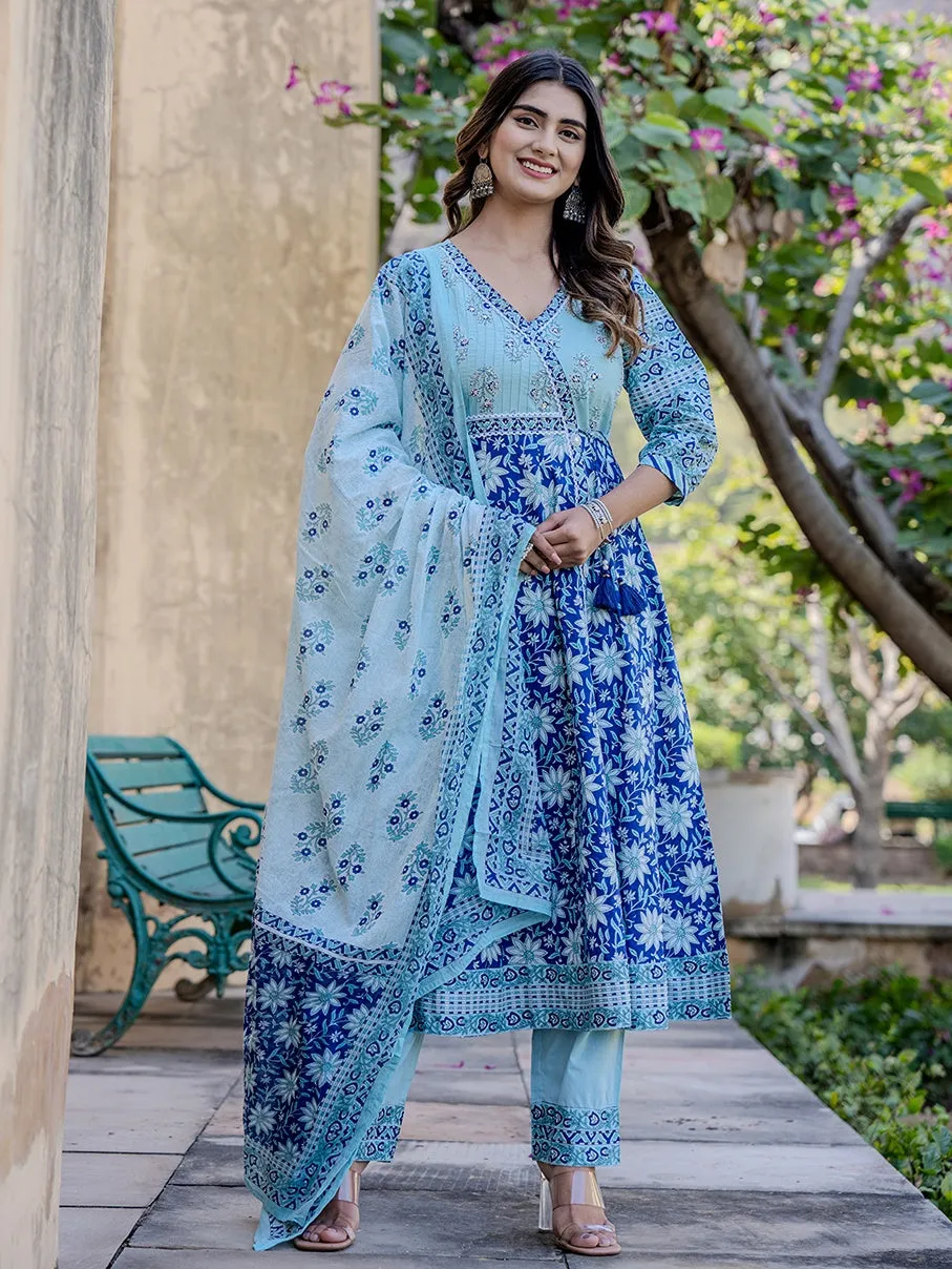 Blue Ethnic Motifs Anarkali Kurta Trouser And Dupatta Set