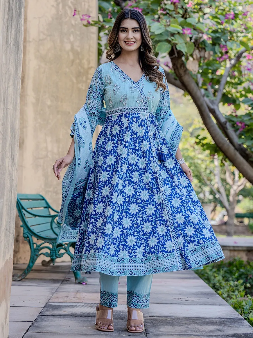 Blue Ethnic Motifs Anarkali Kurta Trouser And Dupatta Set