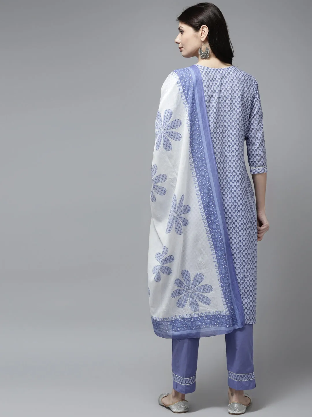 Blue Ethnic Motifs Printed Straight Cotton Dupatta Set