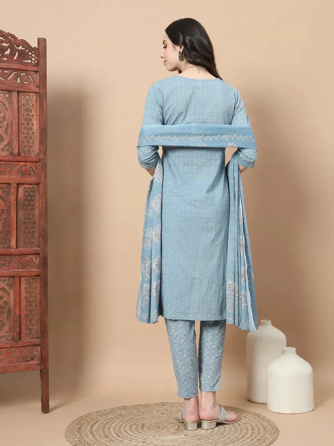 Blue Ethnic Motifs,Thread_Work Straight Kurta Trouser And Dupatta Set