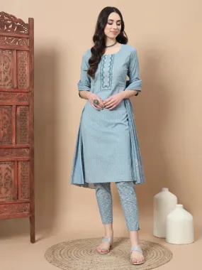 Blue Ethnic Motifs,Thread_Work Straight Kurta Trouser And Dupatta Set