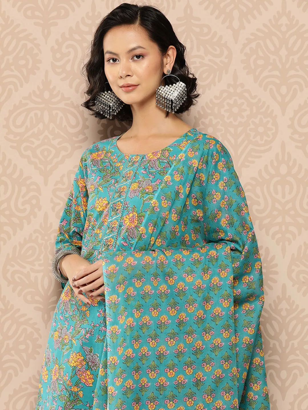 Blue Floral Cotton Kurta Dupatta Set