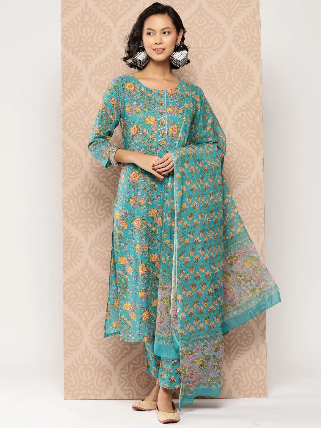 Blue Floral Cotton Kurta Dupatta Set