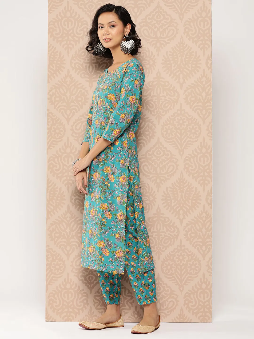 Blue Floral Cotton Kurta Dupatta Set