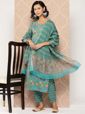 Blue Floral Cotton Kurta Dupatta Set