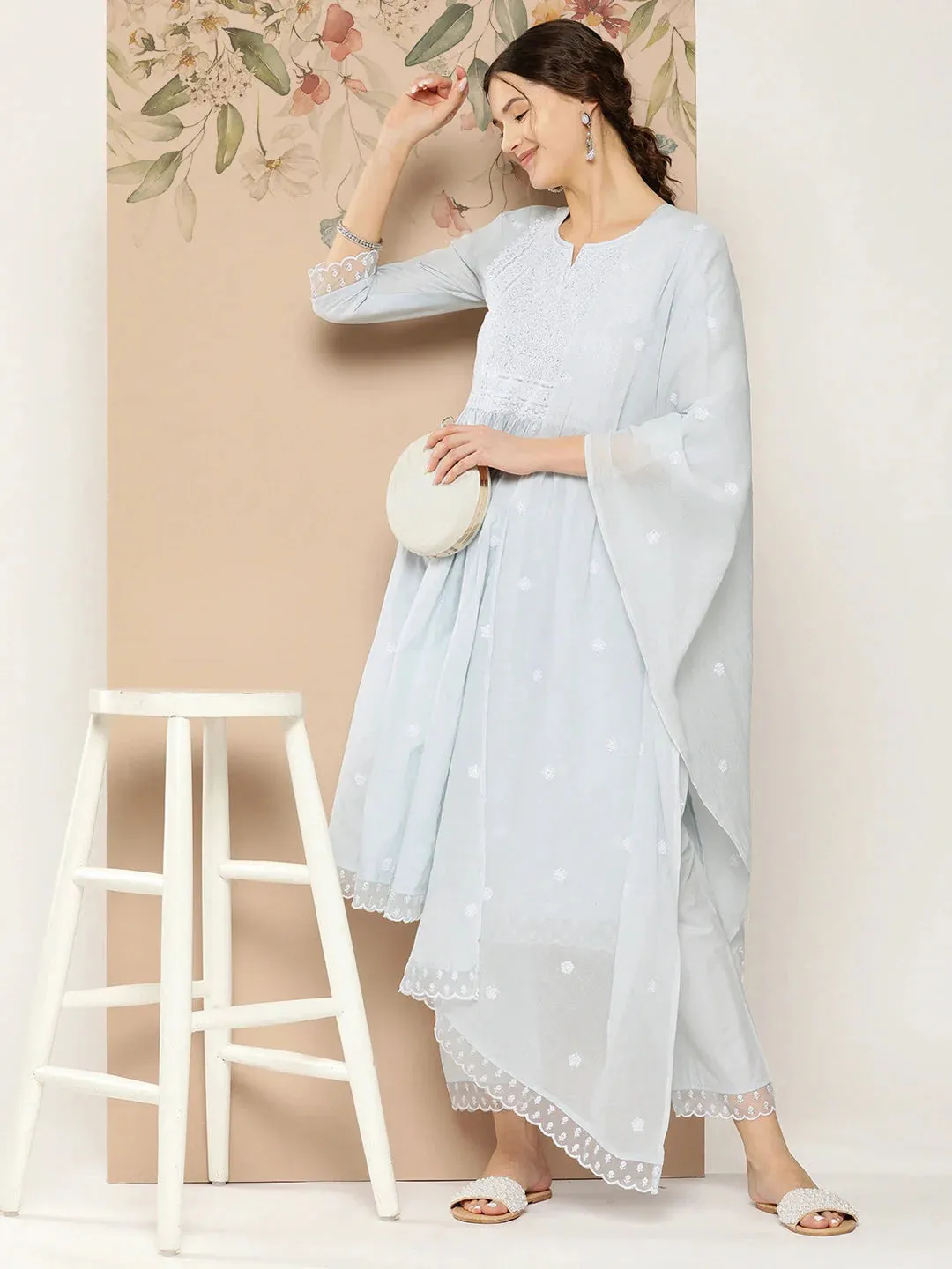 Blue Floral Embroidered Straight Shape Cotton Kurta Dupatta Set