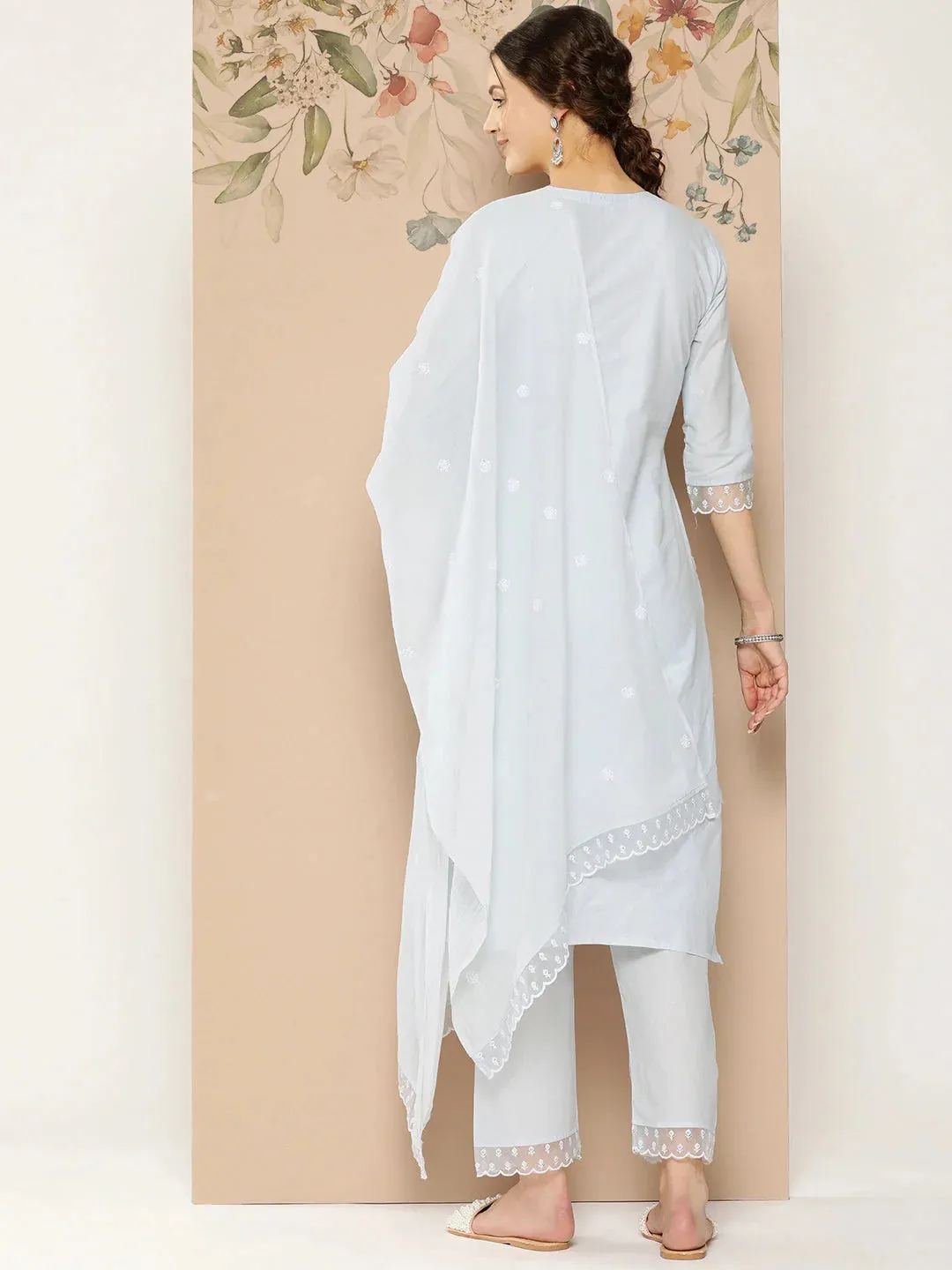 Blue Floral Embroidered Straight Shape Cotton Kurta Dupatta Set