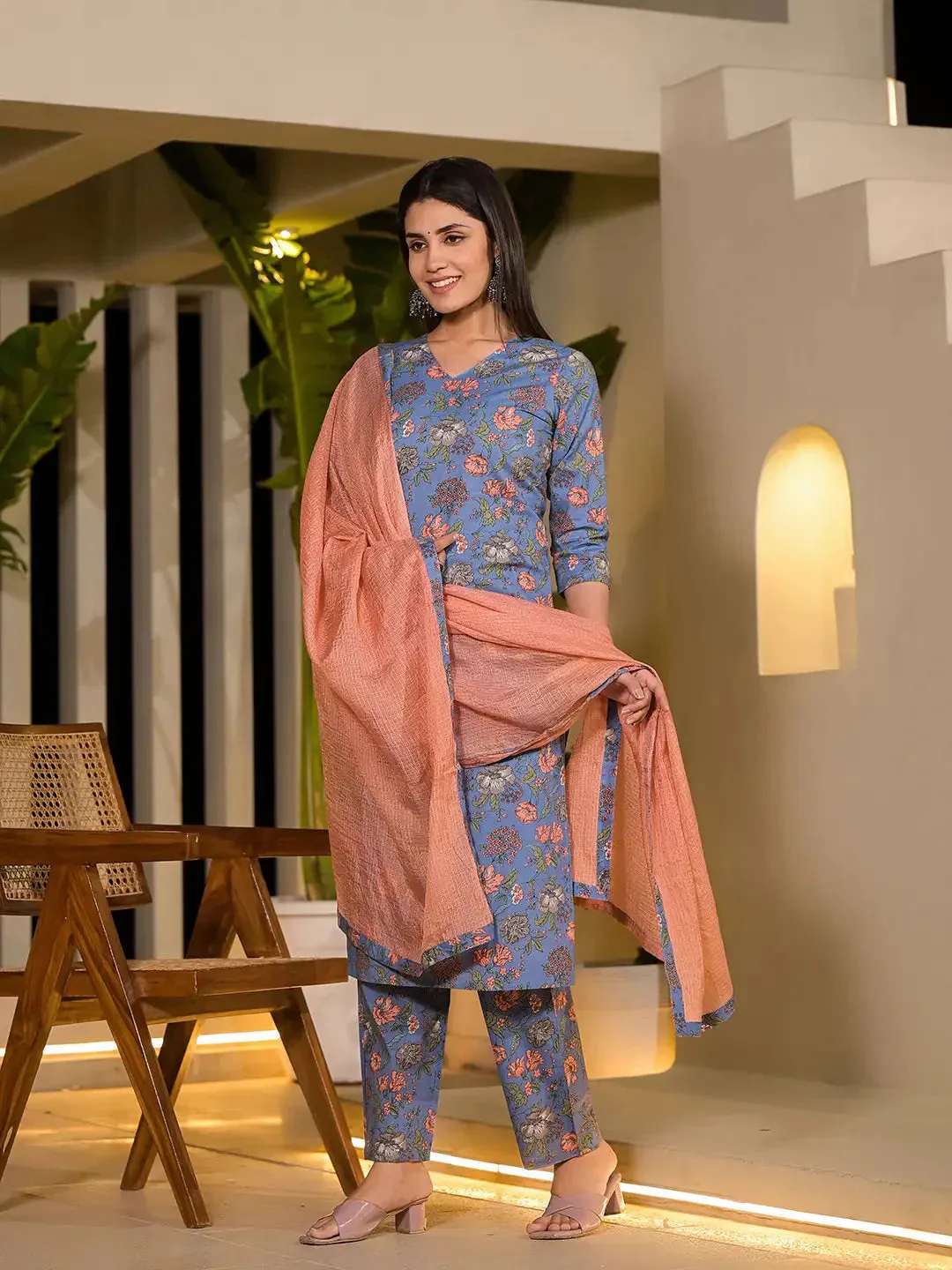 Blue Floral Print Cotton Straight Style Kurta And Trousers With Dupatta Set