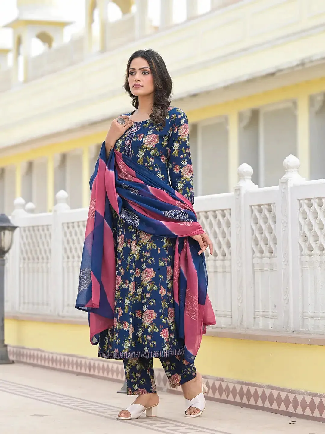 Blue Floral Print Zari Work Anarkali Kurta Trouser With Dupatta Set